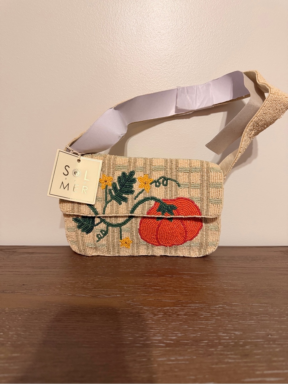 Fall Beaded Pumpkin Crossbody Bag in Cream and Orange - Picture 4 of 5